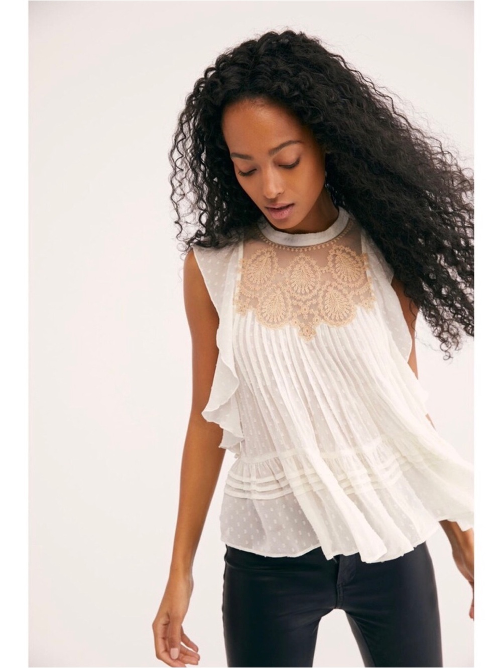 Free People Size X-Small Party’s Not Over Blouse Top Cream Boho Lace Cottagecore